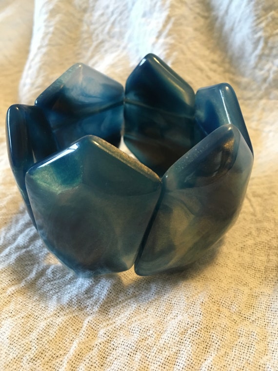 Vintage Chunky Blue & Gold Marbled Lucite Plastic… - image 1