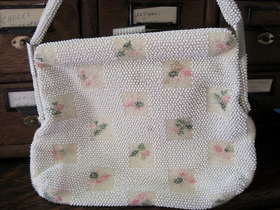 Pretty Vintage White Beaded Bag With Pink and Green Flowers 
