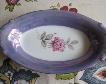 Vintage Blue Luster Candy/Relish Dish with Pink Rose