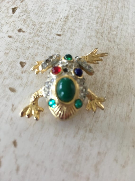 Vintage Sphinx A2166 Gold Rhinestone Frog Brooch