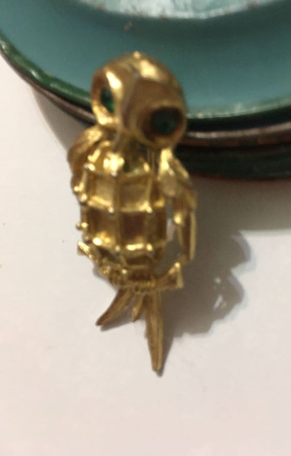 Vintage Gold Owl with Green Rhinestone Eyes Pin - image 8