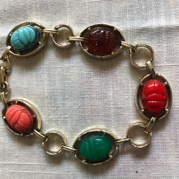 Vintage Colorful Scarab Cabochon Link Bracelet