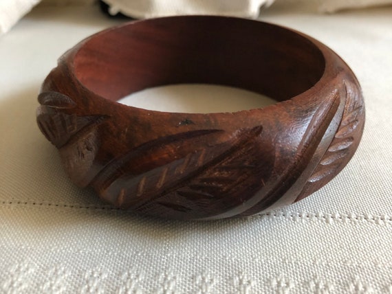 Vintage Wood Carved Leaf Bangle Bracelet - image 1