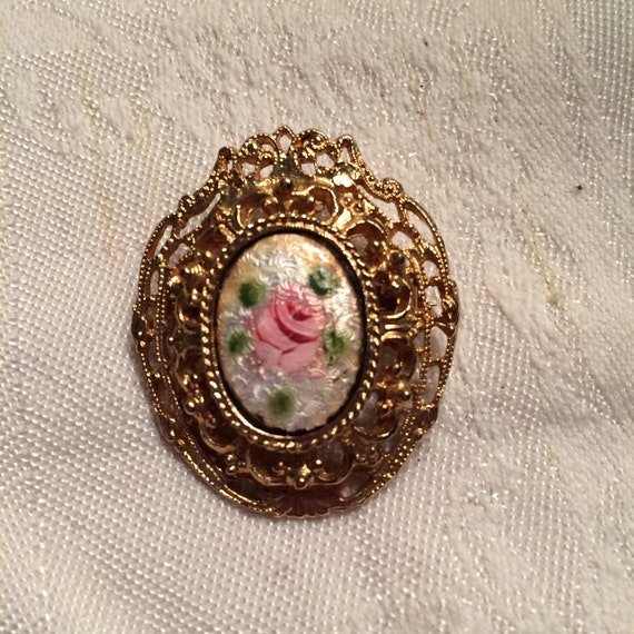 Pretty Guilloche Pink Rose and Gold Brooch - image 1