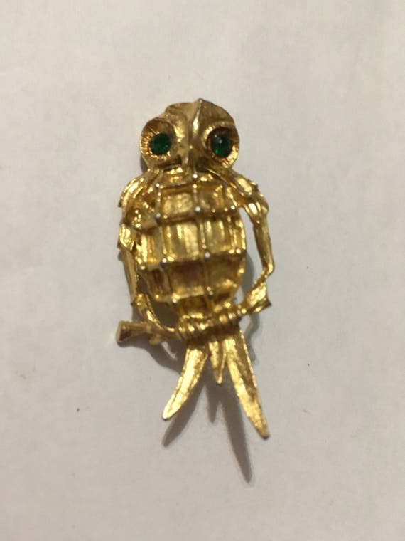 Vintage Gold Owl with Green Rhinestone Eyes Pin - image 1