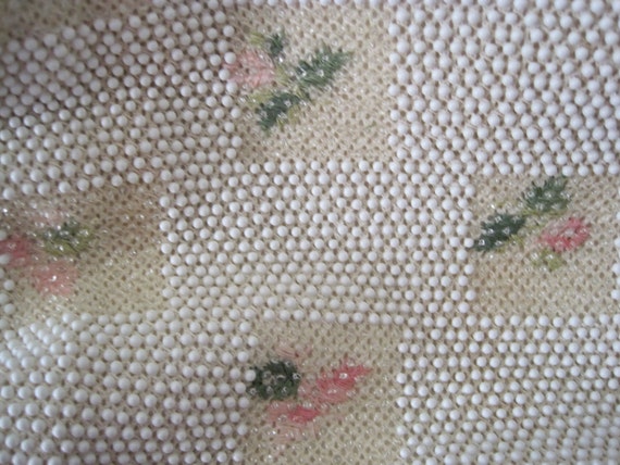 Pretty Vintage White Beaded Bag With Pink and Green Flowers 
