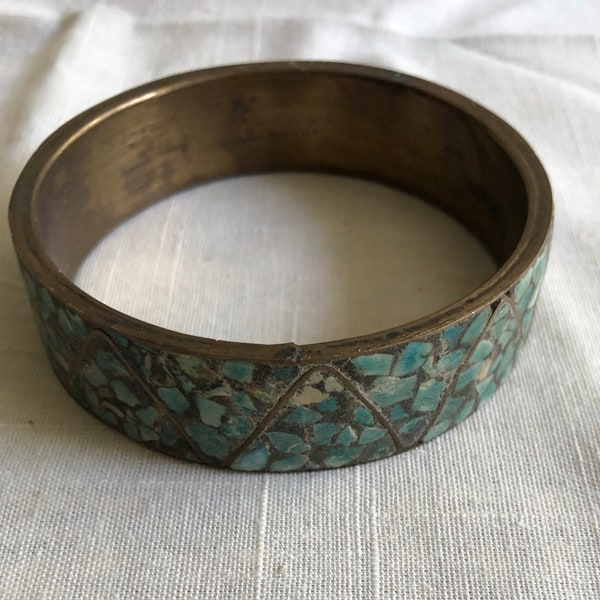 Pretty Vintage Brass with Turquoise Inlay Mosaic Bangle Bracelet