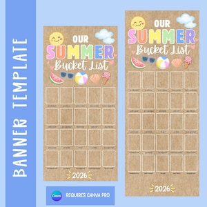 Op de afbeelding: Twee verticale bannertemplates met een bruine kraftpapier-textuur, voorzien van de tekst "OUR SUMMER BUCKET LIST 2026". Het ontwerp bevat kleurrijke illustraties van een zon, wolken, watermeloen, zonnebril, een strandbal, een schelp en een ijsje.