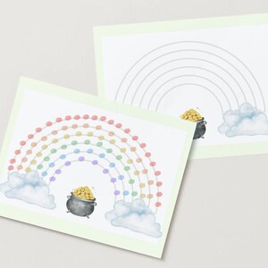 May include: Two watercolour illustrations of rainbows with pots of gold and fluffy clouds. One rainbow is coloured with dots, the other is a line drawing. The illustrations are on a light green background.