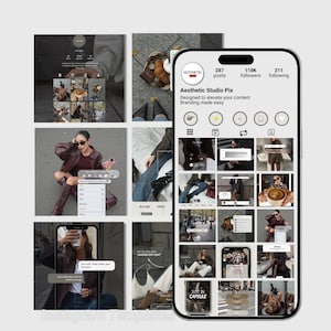 Op de afbeelding: Aesthetic Studio Pix Instagram-sjablonen weergegeven op een smartphone. Het telefoonscherm toont verschillende lifestyle-foto's en de tekst "Designed to elevate your content. Branding made easy."
