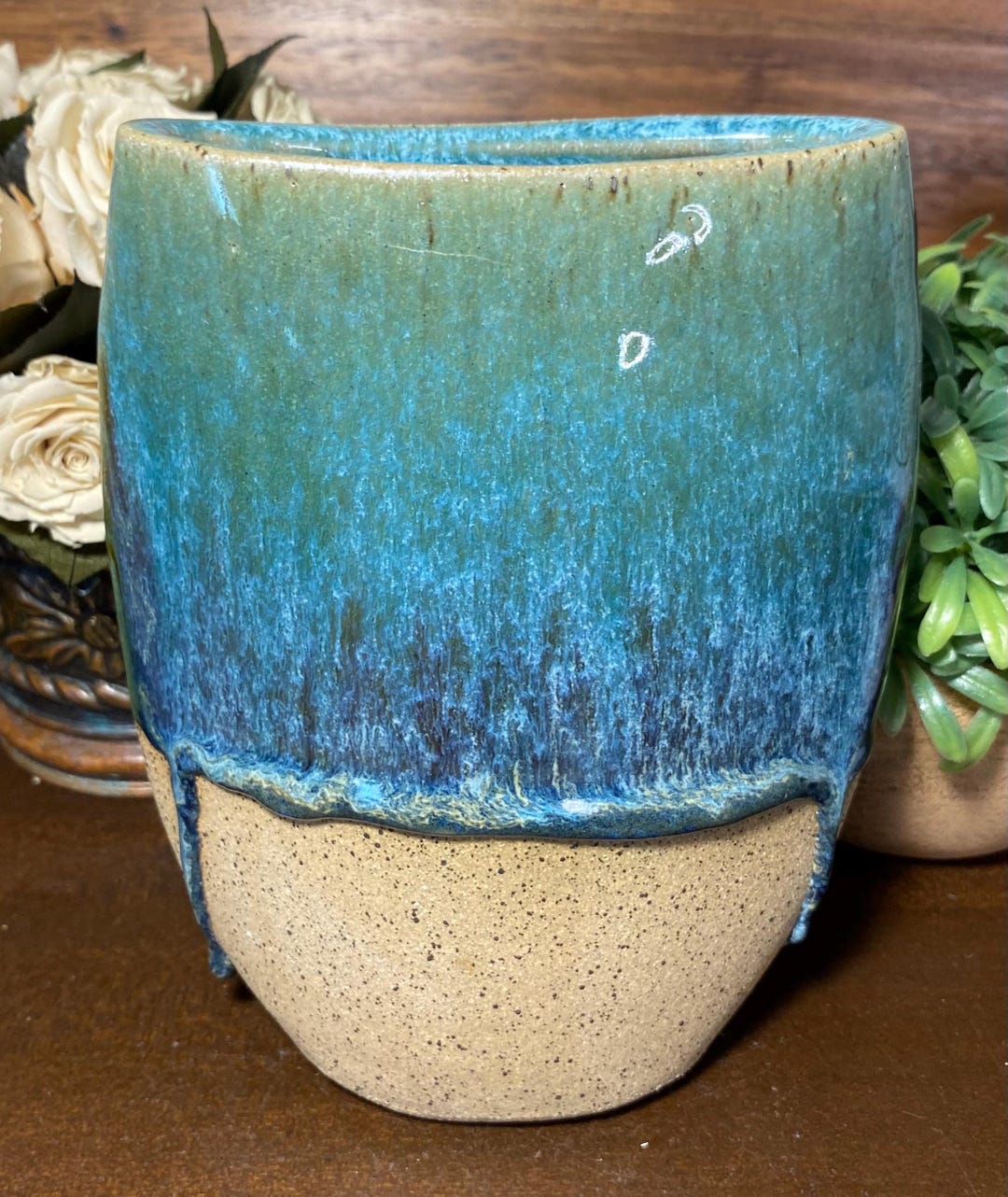 Vintage Studio Pottery Blue Drip Glaze Vase - Speckled Stoneware ...