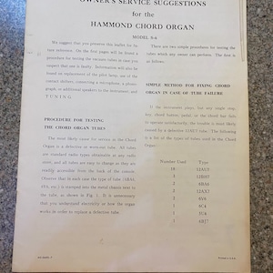 May include: A vintage document titled "Owner's Service Suggestions for the Hammond Chord Organ." The document includes instructions for testing and replacing vacuum tubes, with a list of tube types and quantities. The paper is aged with visible wear.