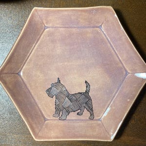 Vintage Hexagonal Studio Pottery Dish – Mauve Scottie Dog Jewelry Bowl