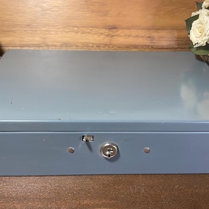 May include: A rectangular, light blue metal box with a lock and key. The box is closed and sits on a brown surface. Decorative plants and flowers are visible in the background.