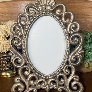 Vintage Ornate Cast Metal Oval Picture Frame, Victorian Rococo Style Tabletop Easel Frame with Shell Crest, Gold Pewter Antique Home Decor