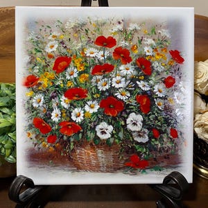 Vintage Schöttler Floral Ceramic Tile – Red Poppies Still Life (8" Square)