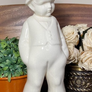 1960s White Crackle Glaze Boy Figurine, Mid Century Ceramic MCM Statue