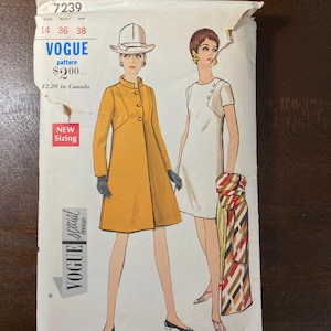 May include: Vintage Vogue pattern featuring illustrations of two women in stylish 1960s outfits. One model wears a mustard-yellow coat, the other a white dress. The pattern includes sizing information and the Vogue logo. The text "NEW Sizing" is also visible.
