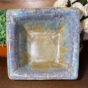 Handmade Square Pottery Nut Bowl - Artisan Glazed Catchall Dish - Signed Studio Pottery by D. Ryan - Unique Housewarming Gift - Blue Lavende