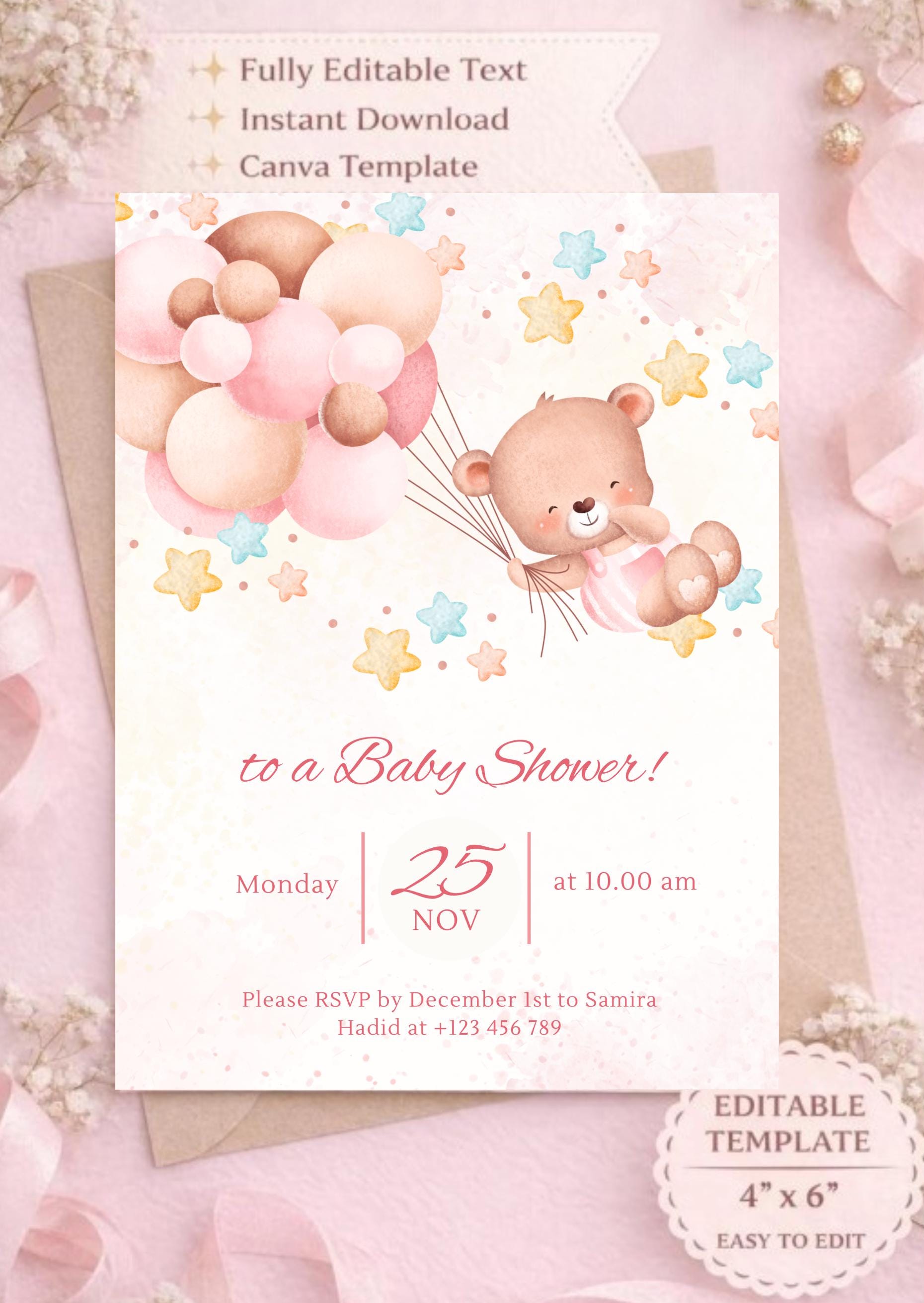 Pink Editable Baby Shower Invitation Template | Teddy Bear Invite ...