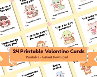 Cute Animal Valentine Cards for Kids | Printable Classroom Valentines | Kids Valentine Exchange | BONUS Teacher Cards | Instant Download