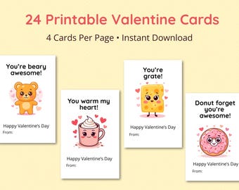 Food Pun Valentine Cards for Kids|Printable Classroom Valentines|Valentines Gift Tags|24 Valentine Cards + Teacher Bonus|Instant Download
