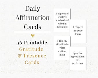 Gratitude & Presence Affirmation Cards Printable | 36 Minimalist Mindful Affirmations | Black and White Cards | Self Care | Instant Download