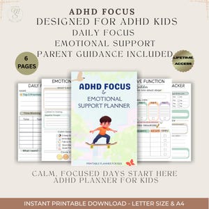 May include: An ADHD Focus and Emotional Support Planner for kids. The cover features a child on a skateboard. The planner includes daily focus, emotional support, and parent guidance. The text on the cover reads "ADHD Focus & Emotional Support Planner".