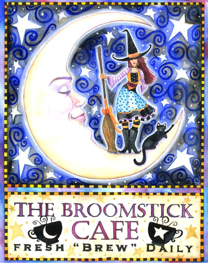The Broomstick Cafe 5.55 x 7 inch print by Brenna White witch black cat moon stars fall autumn halloween image 1