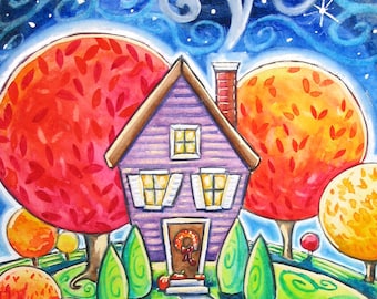 Autumn House - 5x7 print - black cat moon stars Fall landscape whimsy cozy