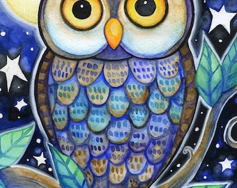 Night Owl  - 5x7 Whimsical Owl Moon Stars  Print