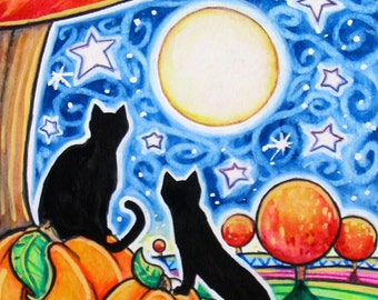 Autumn Evening - 5x7 print - black cat moon stars Fall Autumn landscape whimsy