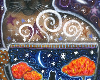 Harvest Magic - 7 x 9 1/2 inch print - by Brenna White - moon stars fall autumn halloween coffee cat