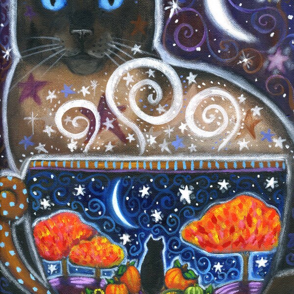 Harvest Magic - 7 x 9 1/2 inch print - by Brenna White - moon stars fall autumn halloween coffee cat