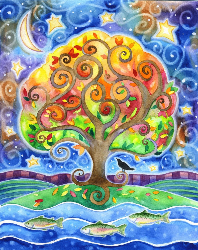 The River by the Tree 8x10 Colorful Tree Fish Raven Moon Star Print image 1