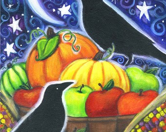 Autumn Harvest - 8x10 print - by Brenna White - moon stars fall autumn halloween raven crow thanksgiving