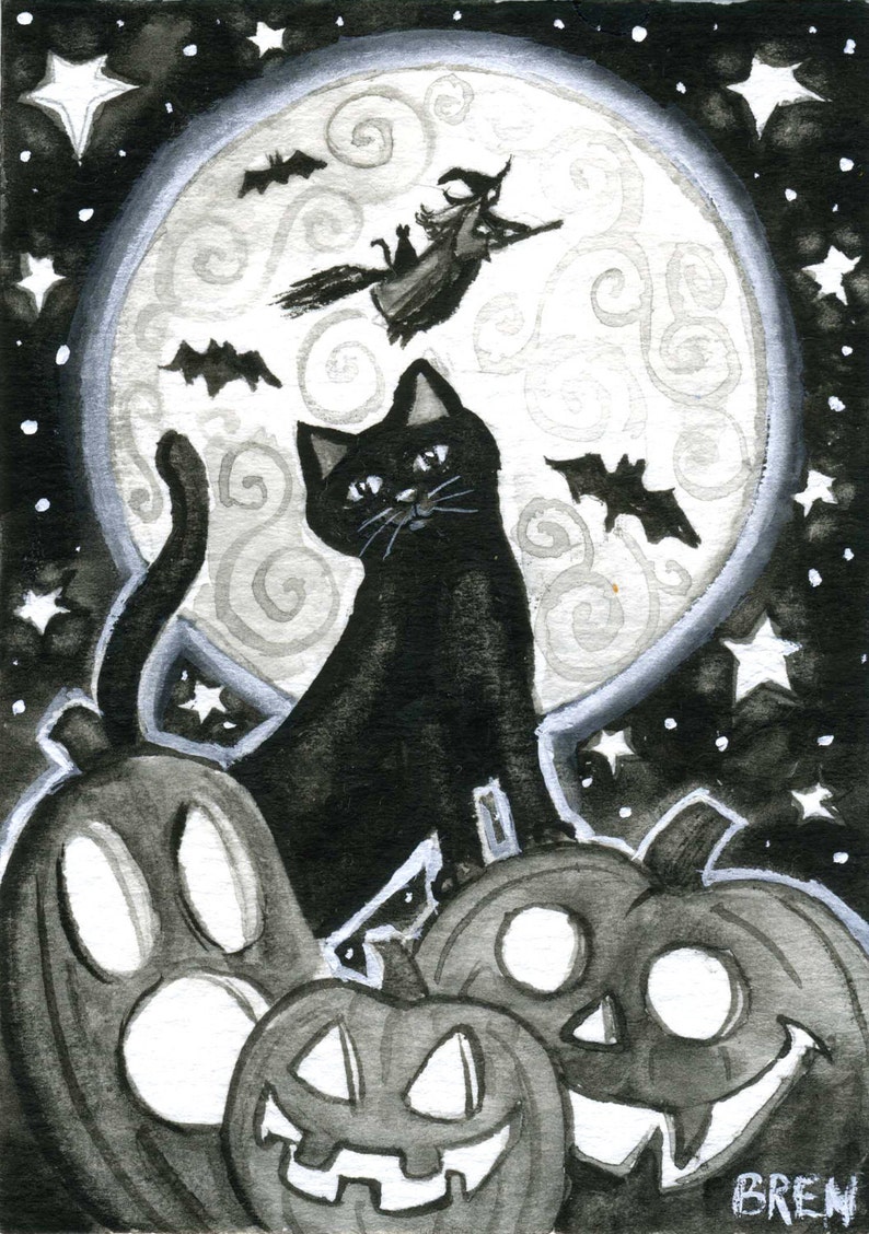 Halloween Night 5x7 print by Brenna White black cat witch moon stars pumpkins jack-o-lanterns image 1