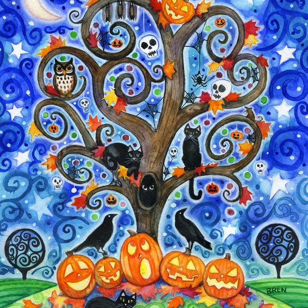 Halloween Tree - 8x10 Colorful Autumn Tree Swirly Black Cats Moon Star Ravens  Print