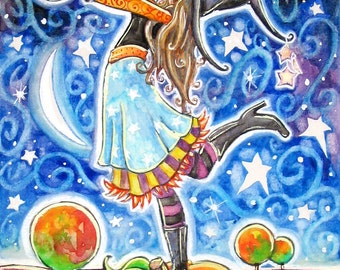 Bewitched - 6x9 print - by Brenna White - witch black cat  moon stars fall autumn halloween