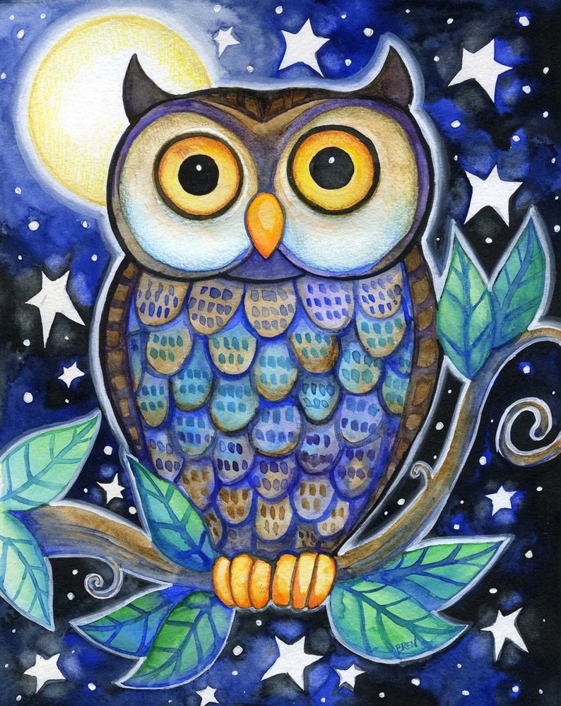 Night Owl 8x10 Colorful Owl Moon Star Print image 1