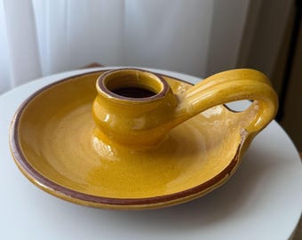 Vintage Ceramic Chamberstick Candle Holder, Yellow Glazed Pottery, Rustic Farmhouse Decor, Handled Candlestick