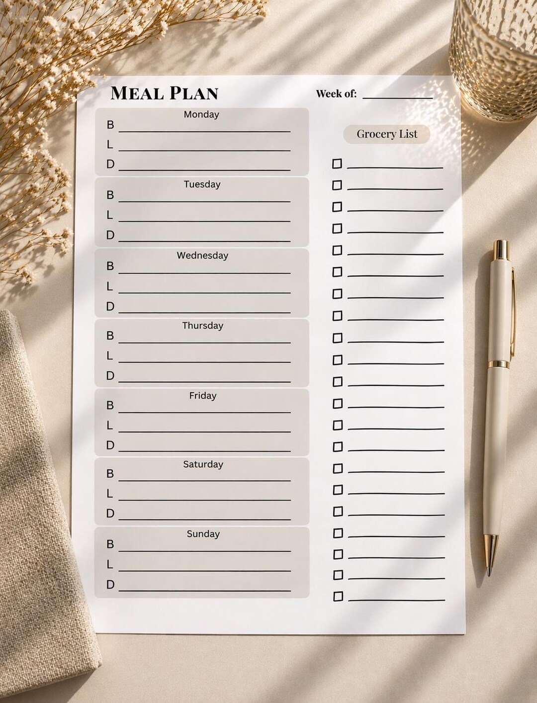 Minimalist Weekly Meal Planner Printable, Grocery List, Meal Plan PDF ...