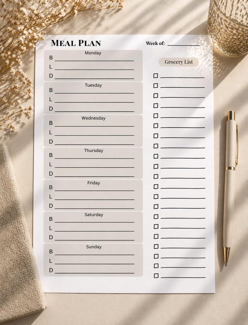 Minimalist Weekly Meal Planner Printable, Grocery List, Meal Plan PDF ...