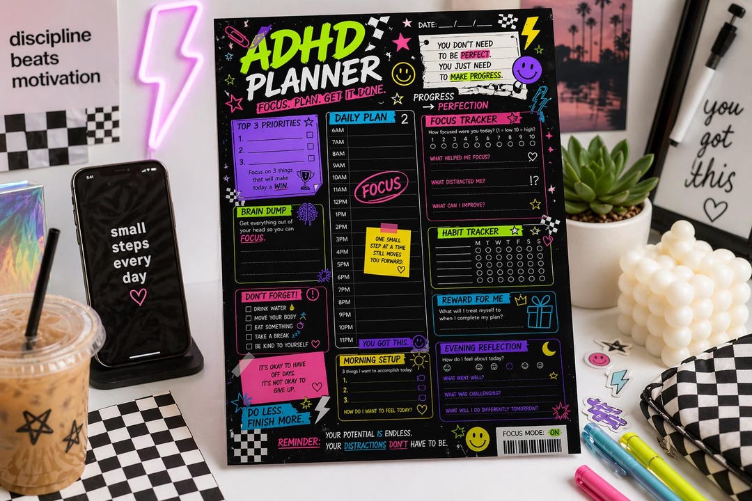 ADHD Planner Printable PDF, Daily Planner for Focus & Productivity ...