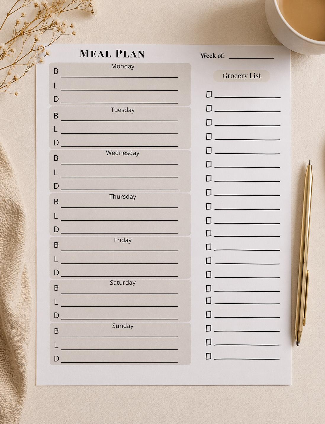 Minimalist Weekly Meal Planner Printable, Grocery List, Meal Plan PDF ...