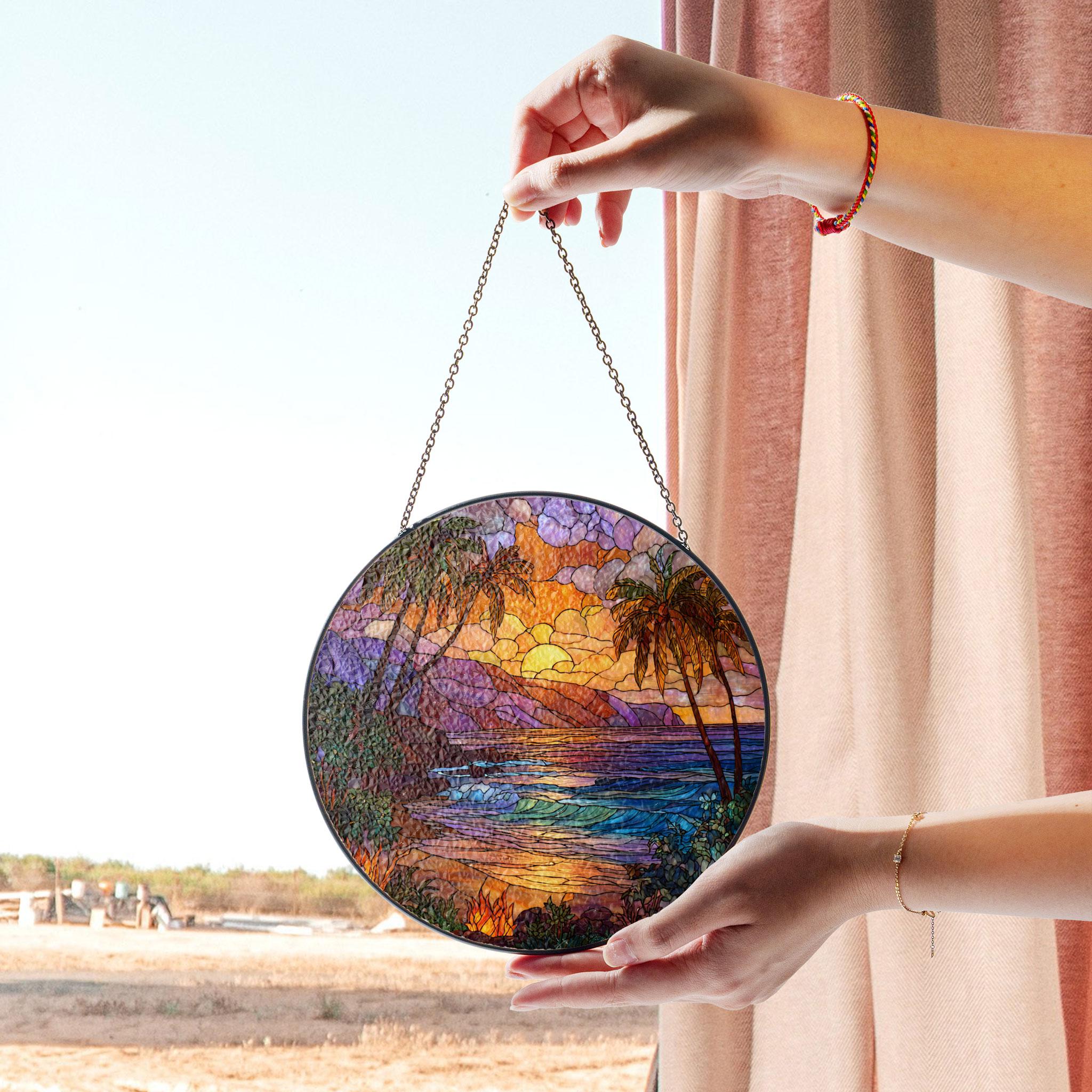 Tropical Sunset Stained Glass Suncatcher, Palm Tree Beach Window ...