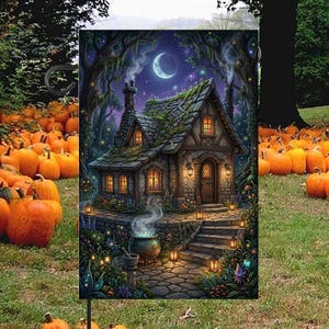May include: A rectangular garden flag featuring a stone cottage in a forest at night under a crescent moon. The scene includes a smoking cauldron, glowing lanterns, and vibrant flowers. The flag is displayed outdoors among many orange pumpkins.