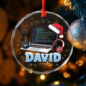 Custom Glass Coder Christmas Ornament, Programmer Name Laptop Code Bauble, Festive Software Engineer Gift, Tech Office Tree Decor