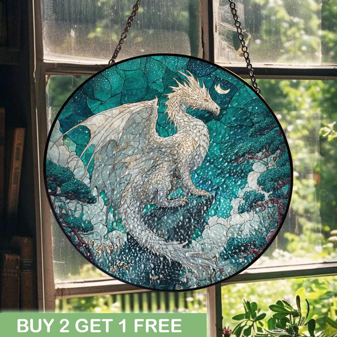 Majestic White Dragon Stained Glass Suncatcher, Fantasy Art Window ...