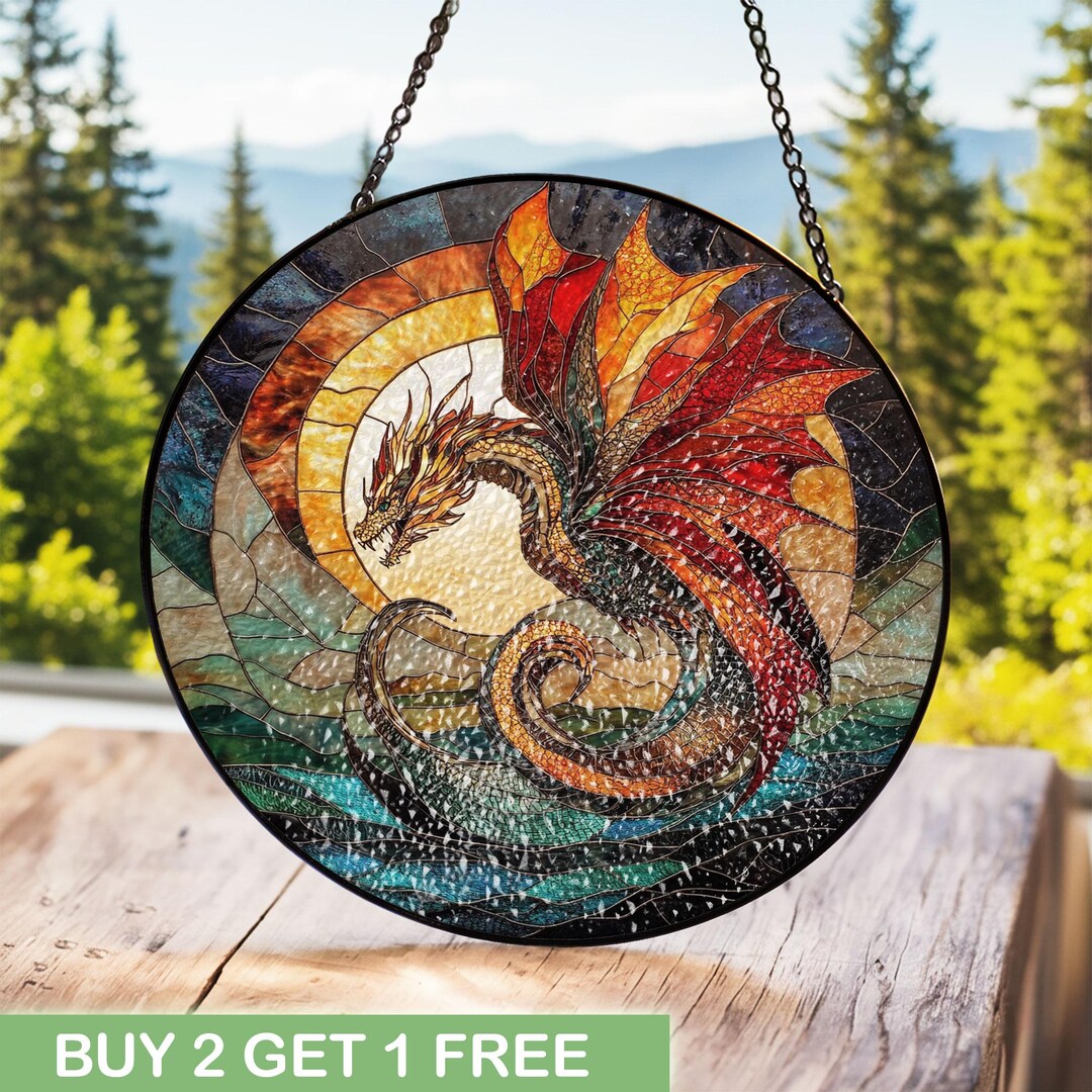 Epic Dragon Stained Glass Window Panel, Fantasy Art Sun Catcher Gift ...